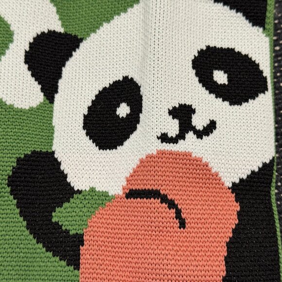 Japanese Style Knot Wristlet Bag, Jacquard Knit Floral Panda, Green Multi - Picture 6 of 7